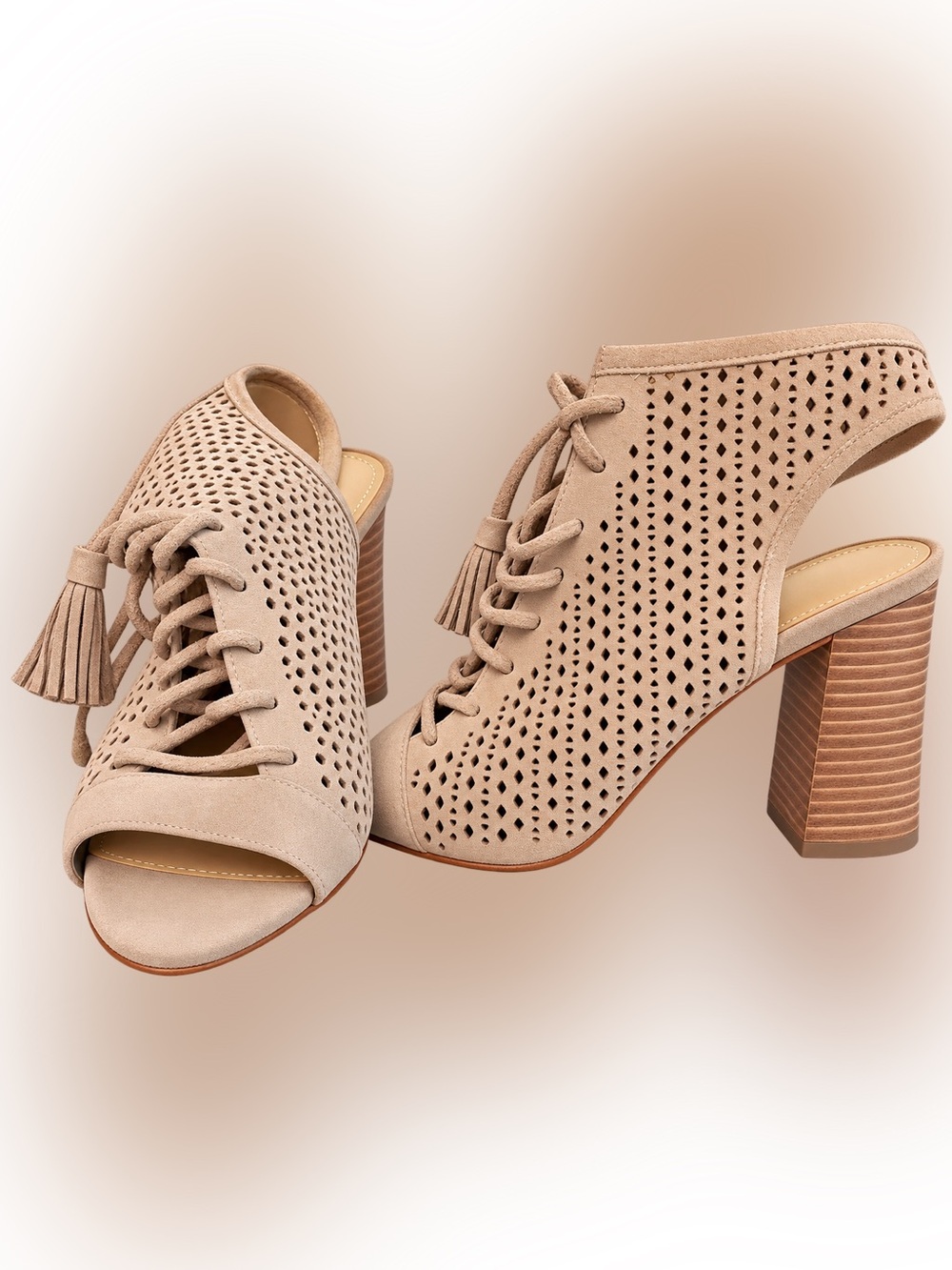 Marc Fisher Taupe Lace-Up Peep Toe Block Heel Booties